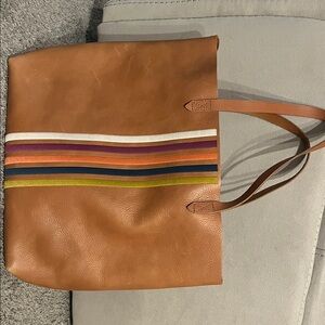 Madewell Brown Leather Tote with Multicolor Stripes